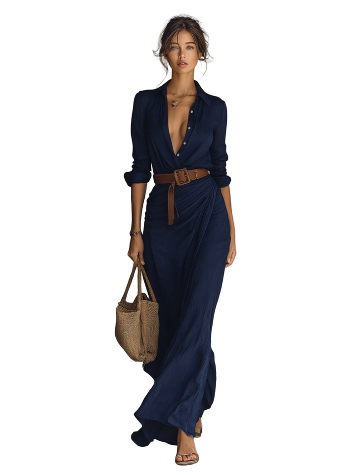 CLÉMENCE™ – Robe Maxi Longue avec Col et Ceinture