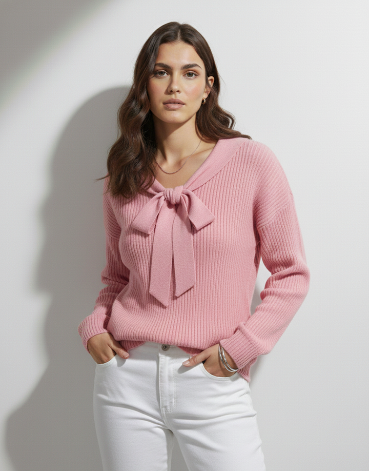Pull uni pour femme avec liens et manches longues