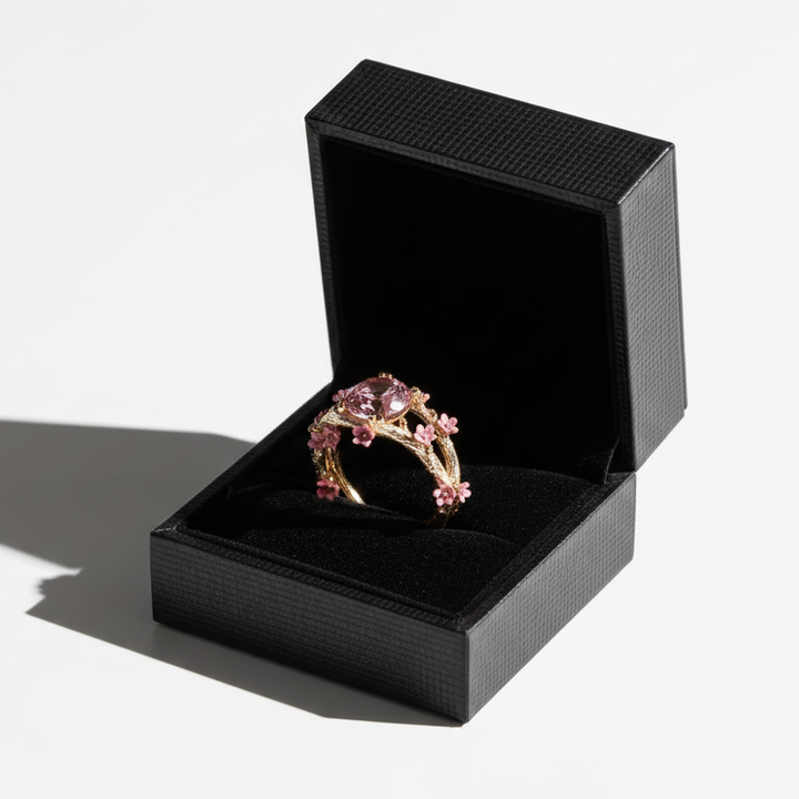 Bague en or avec cristal rose et petites fleurs