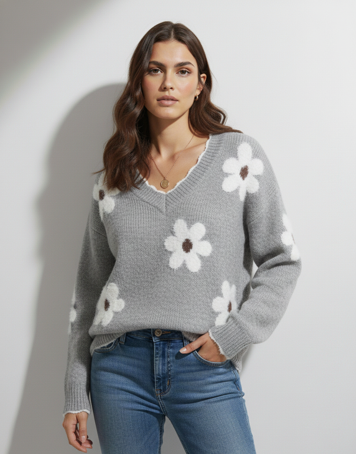 THEA | PULL FLORAL ÉLÉGANT À COL EN V