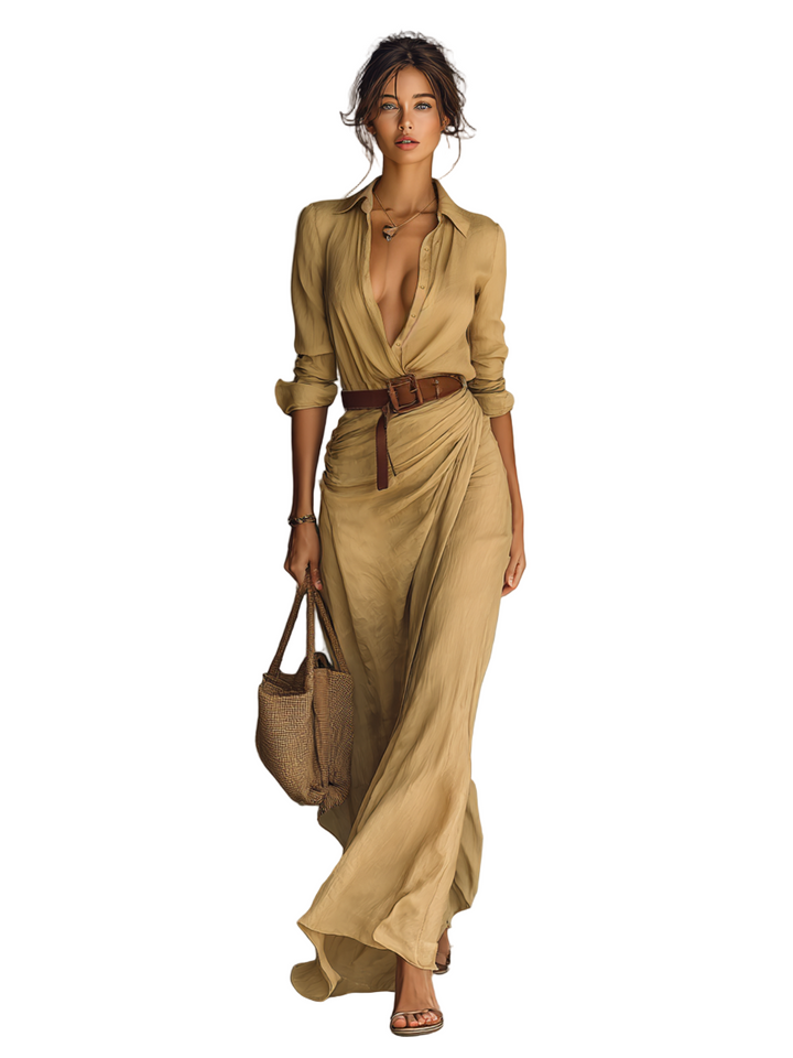 CLÉMENCE™ – Robe Maxi Longue avec Col et Ceinture